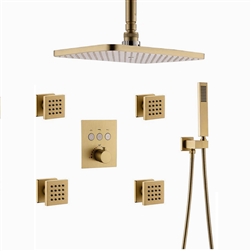 Brushed Gold Bathroom Thermostatic Button Shower System Set
